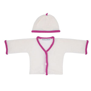 Anitas House Fine Merino Trim Cardigan And Hat 0-6M / Special Edition Fuchsia Baby Clothing