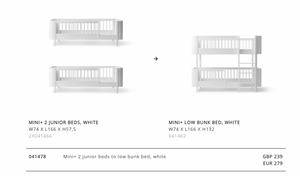 Oliver Wood Mini+ 2 junior beds to low bunk bed conversion kit white - item no 041478