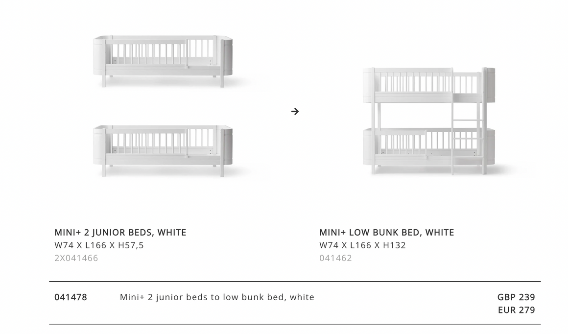 Oliver Wood Mini+ 2 junior beds to low bunk bed conversion kit white - item no 041478