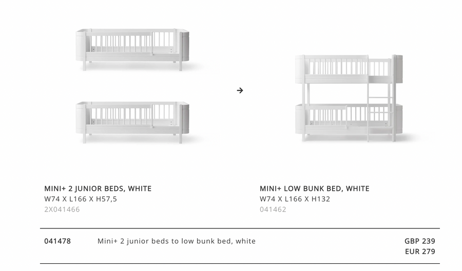 Oliver Wood Mini+ 2 junior beds to low bunk bed conversion kit white - item no 041478