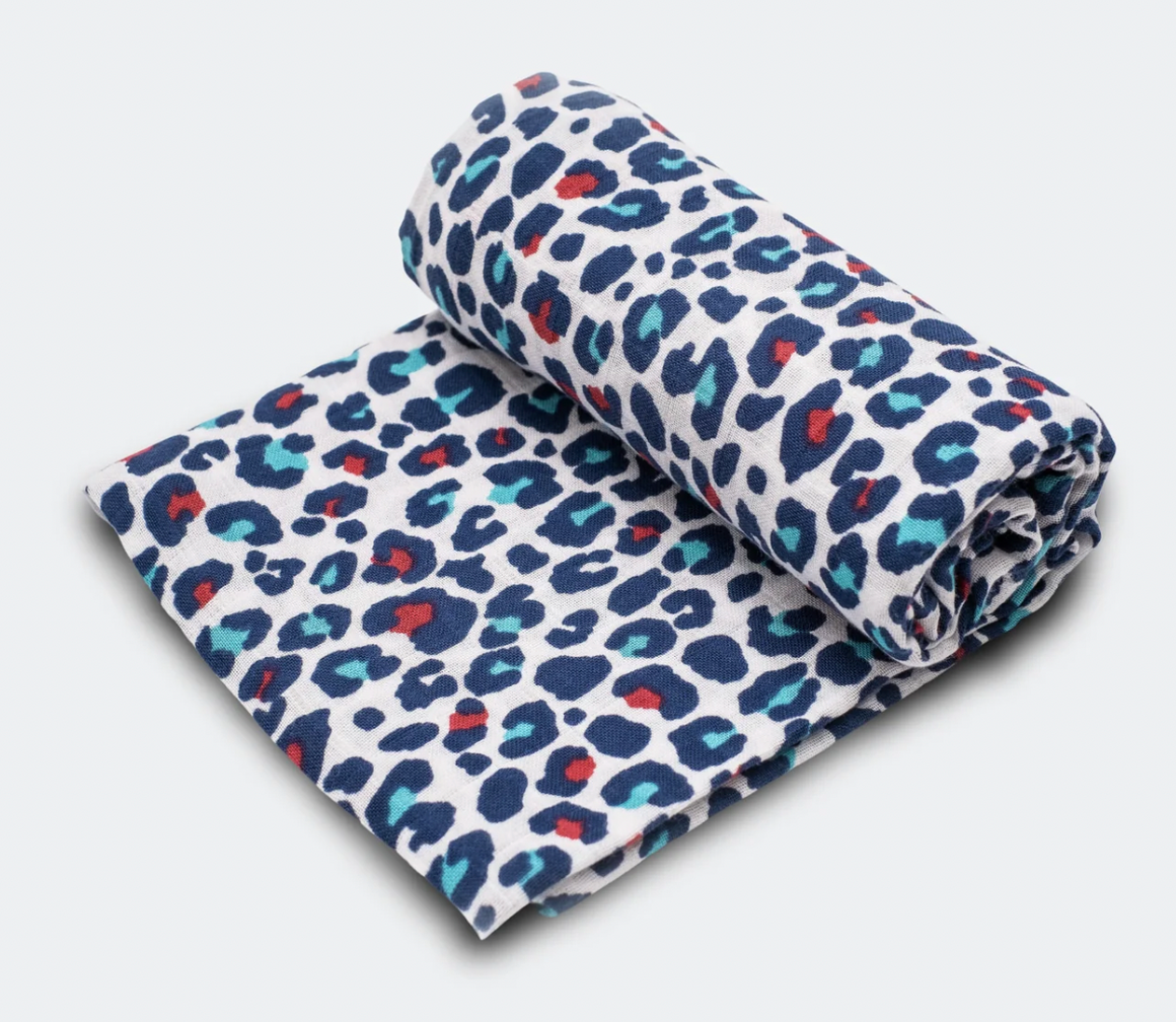 Etta Loves XL BLUE LEOPARD MUSLIN - for 5+ month old babies