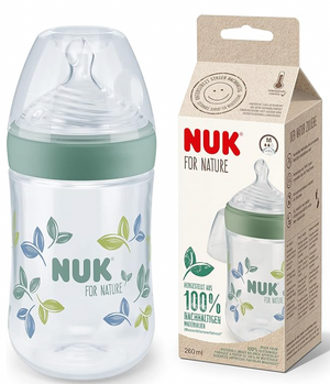 NUK for Nature Baby Bottle | Medium Teat | 260 ml | Breast-Like Ant-Colic Silicone Teat | Temperature Control | Sustainable, BPA-Free Materials | Green