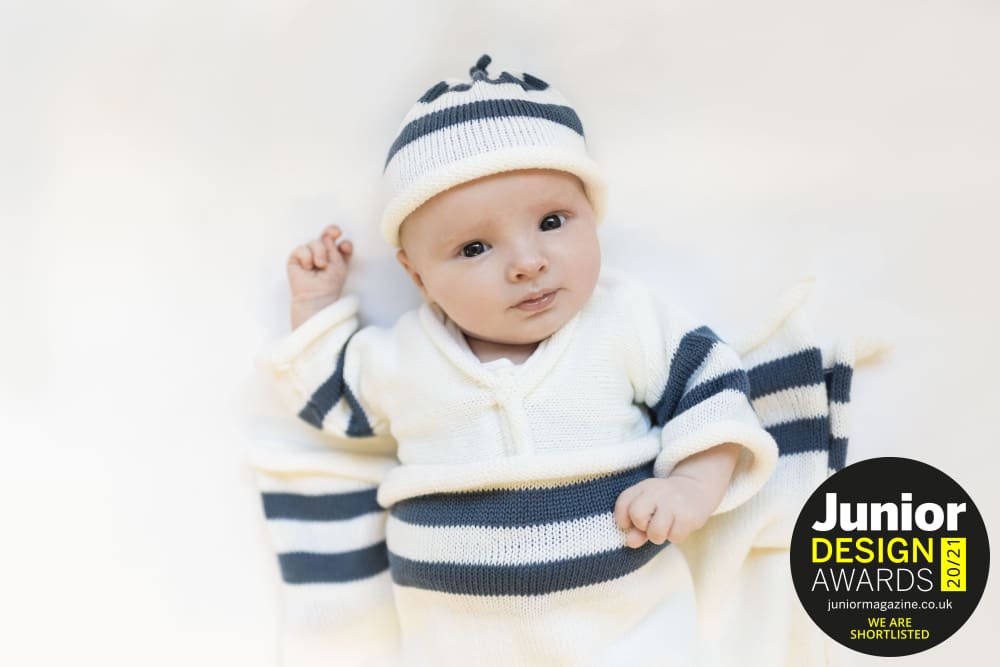 Anitas House Merino Breton Cardigan And Hat 0-6Months / Ivory With Denim Baby Clothing