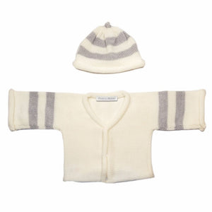Anitas House Merino Breton Cardigan And Hat 0-6Months / Ivory With Grey Baby Clothing