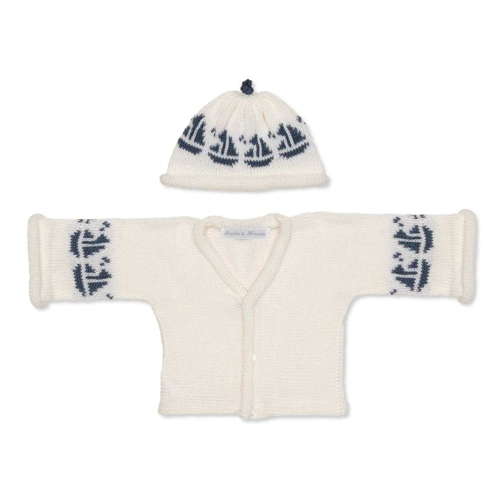 Anitas House Merino Sailing Away Cardigan And Hat 0-6Months / Ivory With Denim Blue Baby Clothing