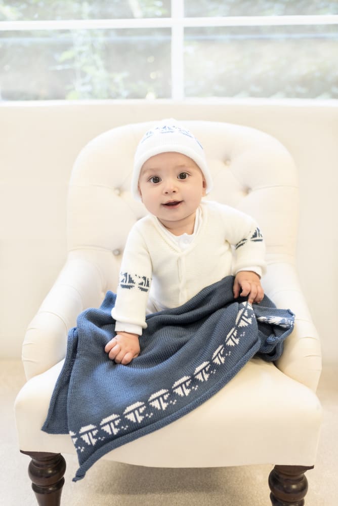 Anitas House Merino Sailing Away Cardigan And Hat 0-6Months / Ivory With Denim Blue Baby Clothing